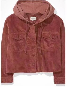 American Eagle Corduroy Button-Front Hoodie Jacket in Mauve
